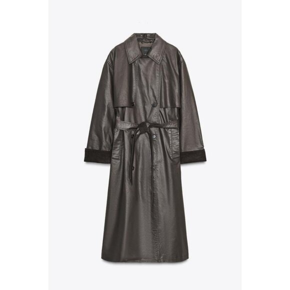 ZARA LONG WAXED TRENCH COAT WITH CORDUROY CUFFS - Picture 8 of 10